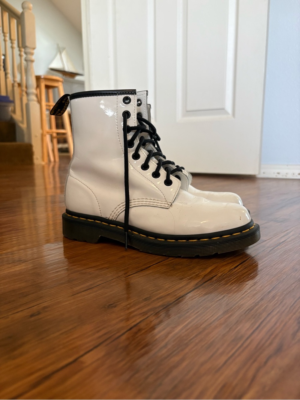 Dr. Martens White Patent Leather Combat Boots with Black Trim